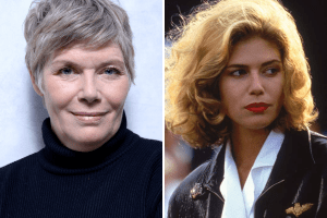 A atriz Kelly McGillis em foto recente e em 1986, no filme 'Top Gun'