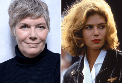 A atriz Kelly McGillis em foto recente e em 1986, no filme 'Top Gun'