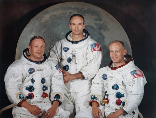 Da esquerda para a direita, Neil Armstrong, Michael Collins e Buzz Aldrin, astronautas da missão Apollo 11