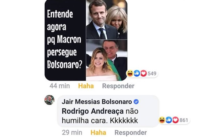Jair Bolsonaro comentou sobre esposa de Macron