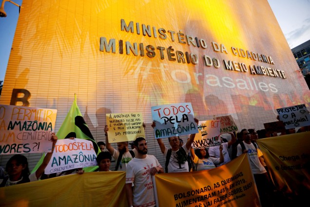Manifestantes protestam em defesa da Amazônia em frente ao Ministério do Meio Ambiente, em Brasília - 23/8/2019