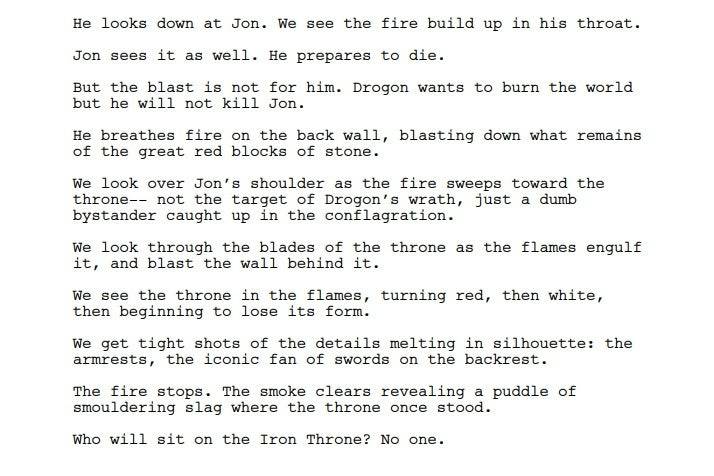 Trecho do roteiro do último episódio de 'Game of Thrones'