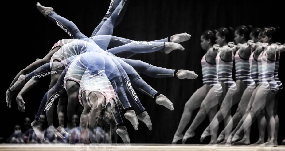 Equipe brasileira de ginástica artística feminina durante sessão de treinamentos, no Complexo Esportivo Vila El Salvador, em Lima