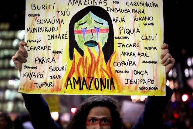 Manifestantes empunham cartazes em ato em frente ao Masp, na Avenida Paulista, em São Paulo - 23/8/2019