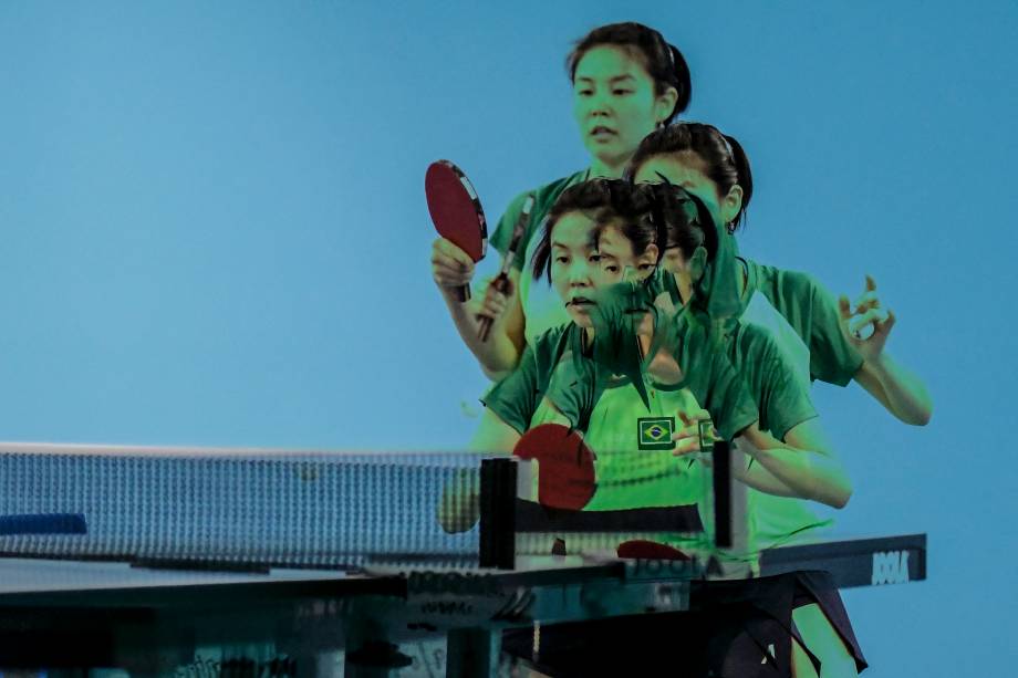 Jessica Yamada, do Brasil, durante treino da equipe feminina de tênis de mesa, em Lima