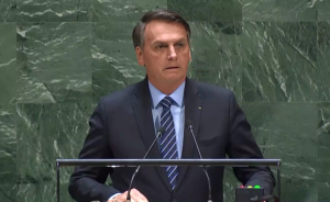 Presidente Jair Bolsonaro em discurso na Assembleia-Geral da ONU, em 2019.