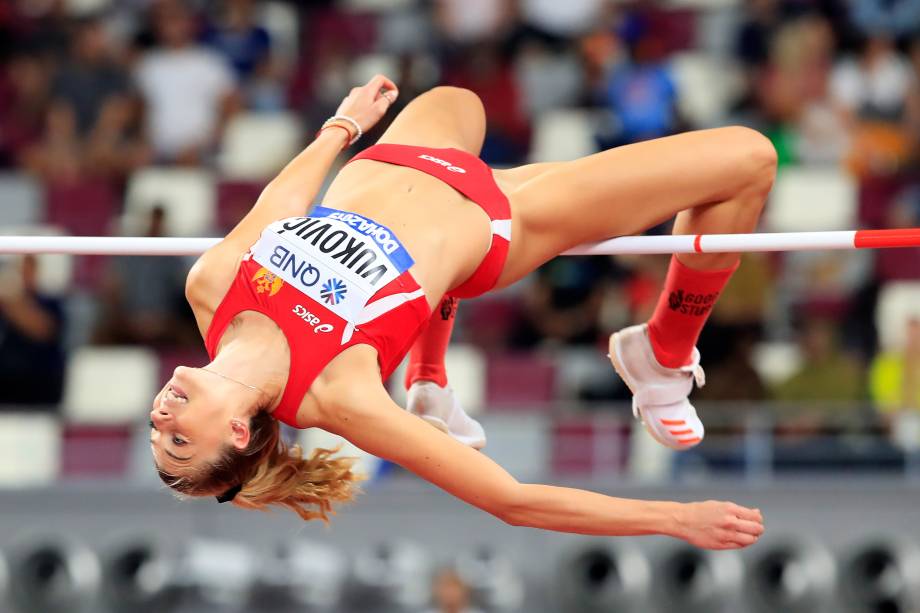 Marija Vukovic, de Montenegro, durante a qualificação de Salto em Altura Feminino no Campeonato Mundial de Atletismo, em Doha, No Catar