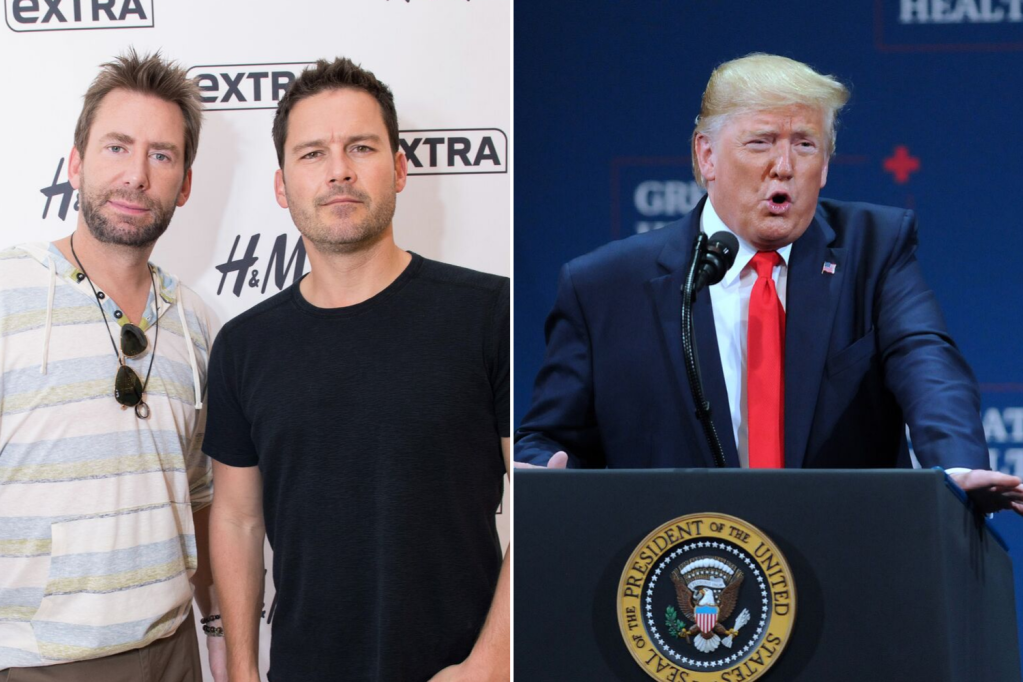 Os músicos Chad Kroeger e Ryan Peake, da banda canadense Nickelback, e o presidente Donald Trump