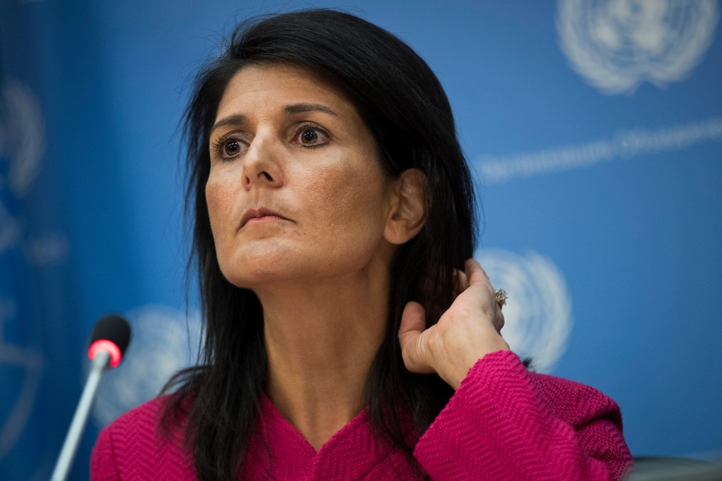 NEW YORK, NY - APRIL 3: U.S. Ambassador to the United Nation Nikki Haley listens to a question during a press briefing at the United Nations headquarters, April 3, 2017 in New York City. Haley will serve as U.N. Security Council President for the month of April. (Drew Angerer/Getty Images)