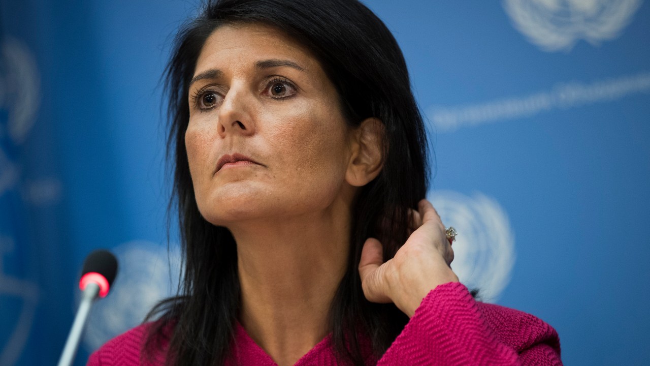 NEW YORK, NY - APRIL 3: U.S. Ambassador to the United Nation Nikki Haley listens to a question during a press briefing at the United Nations headquarters, April 3, 2017 in New York City. Haley will serve as U.N. Security Council President for the month of April. (Drew Angerer/Getty Images)