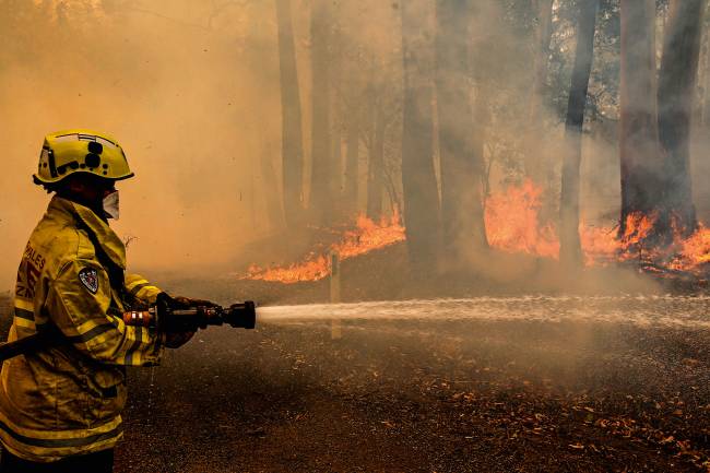 A Gloucester fire crew member fights flames from a bushfire at Koorainghat A Gloucester fire crew member fights flames from a bushfire at Koorainghat
