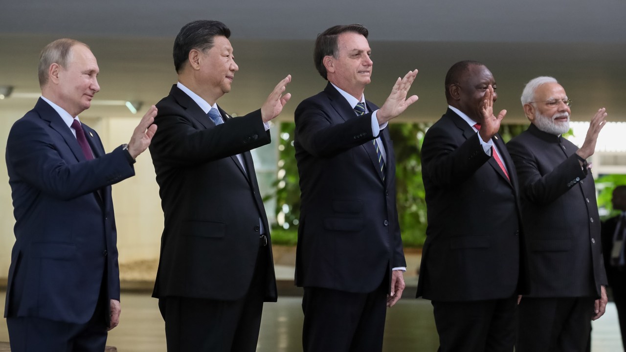 Os líderes dos Brics em encontro em Brasília: Vladimir Putin, Xi Jinping, Jair Bolsonaro, Cyril Ramaphosa e Narendra Modi - 14/11/2019