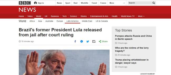 bbc lula O espanhol El País relembra que a soltura de Lula está associada à decisão do Supremo de quinta-feira 7 que 'condenados só serão presos quando em trânsito julgado' - 8/11/2019