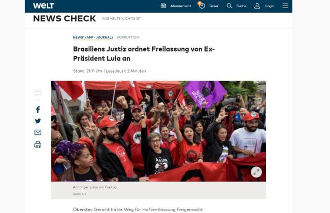 die welt lula O espanhol El País relembra que a soltura de Lula está associada à decisão do Supremo de quinta-feira 7 que 'condenados só serão presos quando em trânsito julgado' - 8/11/2019