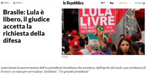 Na Itália, o jornal La Repubblica, escreve 'Lula é livre, a Justiça aceita o pedido da defesa' e traz citação do político italiano Paolo Gentiloni, que chama Lula de 'um grande presidente' - 8/11/2019