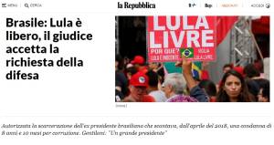 Lula – La Repubblica Na Itália, o jornal La Repubblica, escreve 'Lula é livre, a Justiça aceita o pedido da defesa' e traz citação do político italiano Paolo Gentiloni, que chama Lula de 'um grande presidente' - 8/11/2019