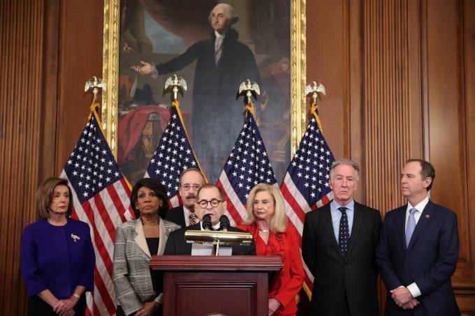 House Democratic committee chairs announce articles of impeachment against President Trump on Capitol Hill in Washington
