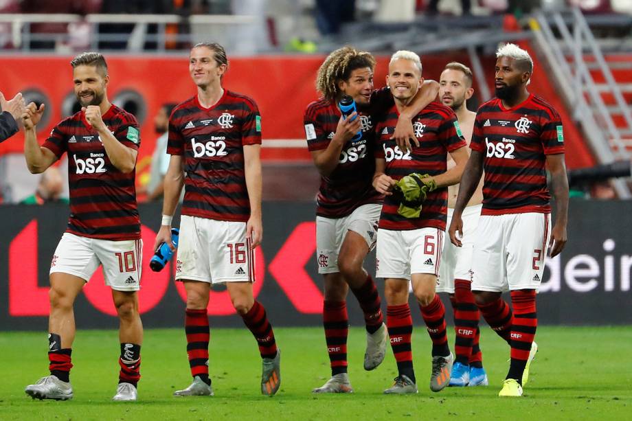 Jogadores do Flamengo comemora após se classificarem para a final do Mundial de Clubes