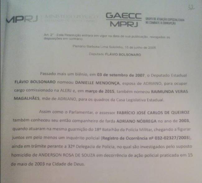 Documento do MP-RJ cita o caso