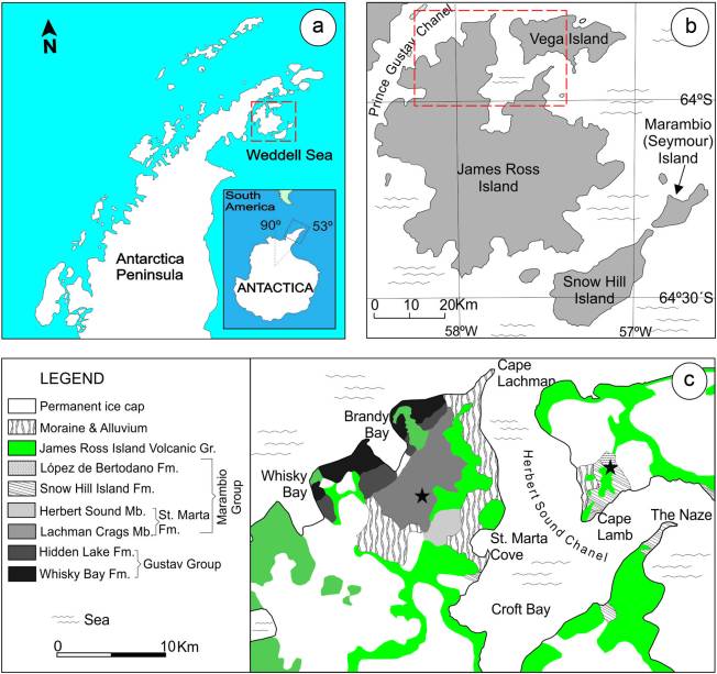 Mapa com as localizações na Antártica