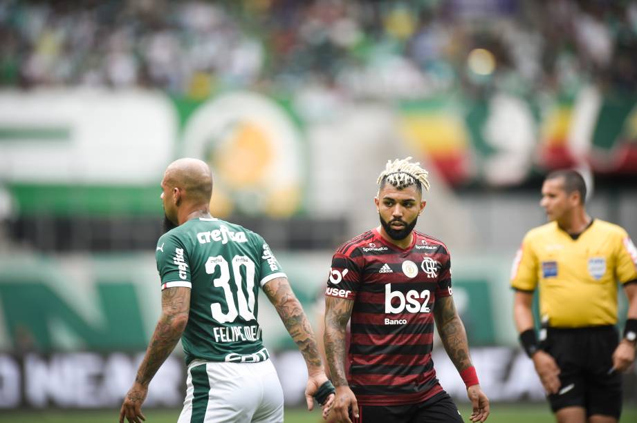 Felipe Melo e Gabigol durante Palmeiras x Flamengo pelo Brasileirão 2019, no Allianz Parque