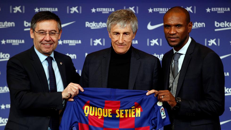 Presidente Josep Maria Bartomeu, o técnico Quique Setién e o diretor esportivo Erc Abidal