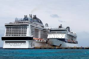 Cruise liner MSC Meraviglia is berthed at a dock in Punta Langosta after two Caribbean ports denied the ship entry due to fears, later disproven, that a crew member was infected with the coronavirus, in Cozumel