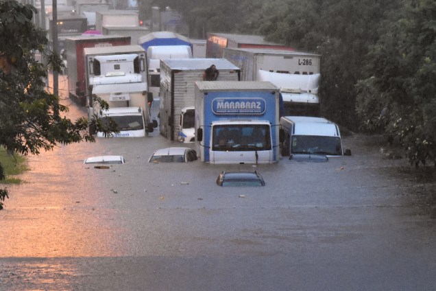 Carros ficam debaixo d'água na região da Ponte das Bandeiras, Marginal Tietê