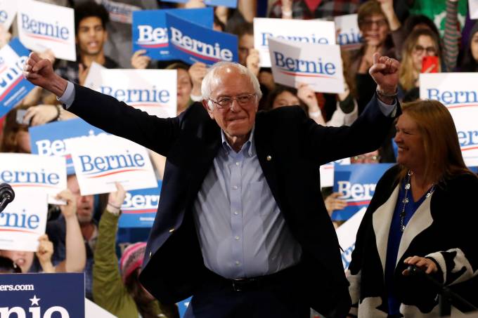 Democratic U.S. presidential candidate Senator Bernie Sanders arrives to speak at his Super Tuesday night rally in Essex Junction, Vermont, U.S.