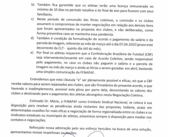 Documento enviado pela Fenapaf à Comissão Nacional de Clubes