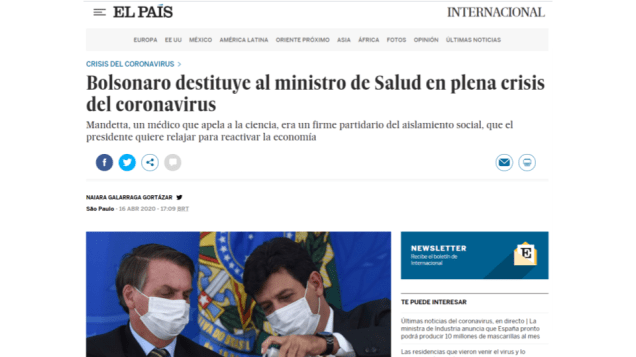 El País: 'Bolsonaro destitui o Ministro de Saúde em plena crise do coronavírus' - 16/04/2020