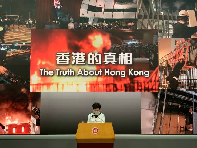 Hong Kong Chief Executive Carrie Lam speaks during a news conference, in Hong Kong