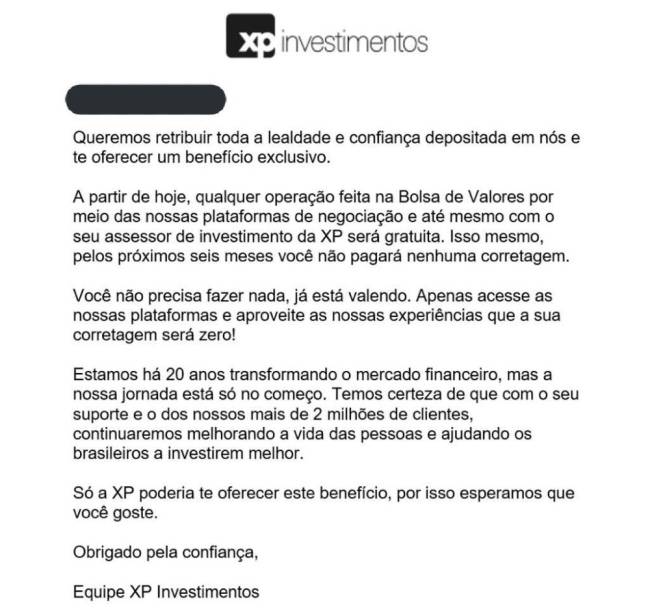 XP Investimentos corretagem zero Carta da XP Investimentos