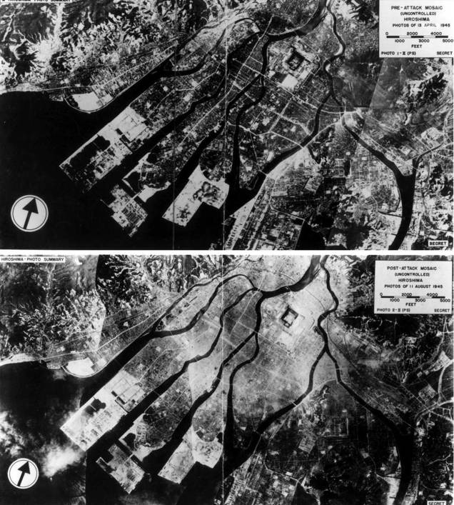 Visão aérea de Hiroshima antes do bombardeio de 1945 e logo após o ataque