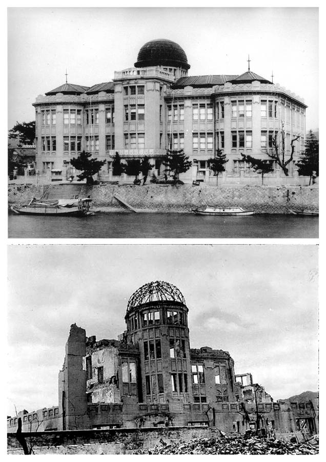 Prédio da Exposição Comercial da Prefeitura de Hiroshima antes do bombardeio e após o ataque. Local foi apelidado de Memorial da Paz de Hiroshima