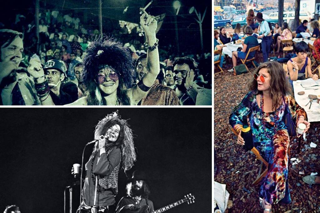 A VIDA É UMA FESTA - Cenas de Janis: no Carnaval do Rio (no alto, à esq.); um dos últimos shows, no Shea Stadium (à esq.); e bebendo espumante nos bastidores de Woodstock -