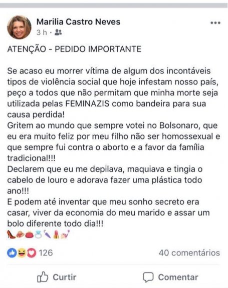Postagem da desembargadora em que ela declarou seu voto em Jair Bolsonaro (sem partido)