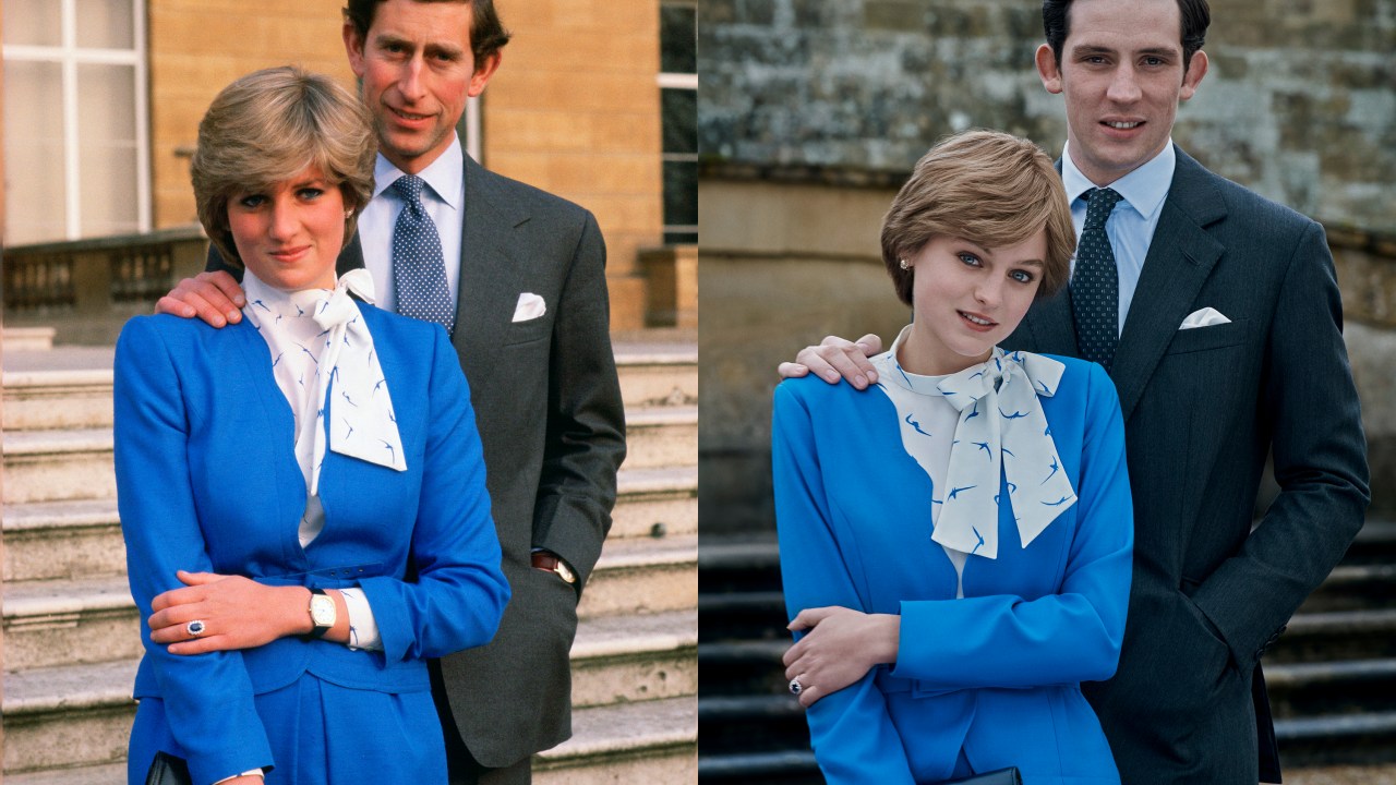 À esquerda, os verdadeiros Diana e Charles, na foto oficial do noivado, em 1981. À direita, os atores Emma Corrin e Josh O'Connor em 'The Crown' -