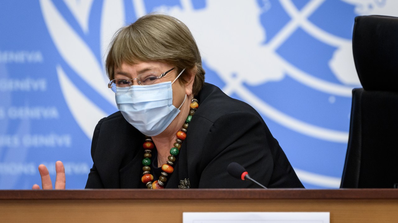 Alta comissária das Nações Unidas para os Direitos Humanos, Michelle Bachelet, durante entrevista coletiva em Genebra. 09/12/2020
