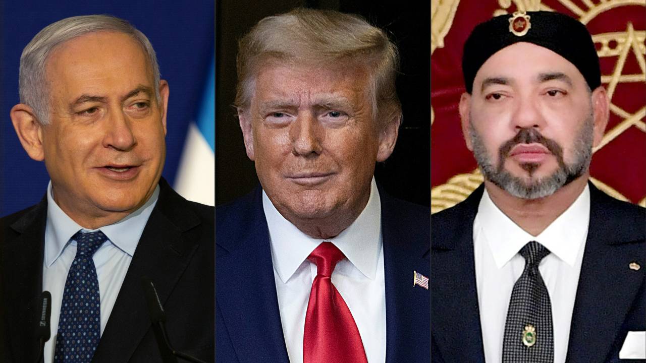 (COMBO) This combination of file pictures created on December 10, 2020 shows; Israeli Prime Minister Benjamin Netanyahu (L) speaking during a joint press conference in Jerusalem on November 19, 2020. US President Donald Trump (C) arriving to speak at the Operation Warp Speed Vaccine Summit in Washington on December 8, 2020. Morocco's King Mohammed VI delivering a speech to mark the 19th anniversary of his accession to the throne in Al Hoceima on July 29, 2018. - US President Donald Trump announced on December 10 ,2020 that Morocco is now the fourth Arab state this year to recognise Israel in a diplomatic breakthrough that also sees Washington backing Moroccan rule over the disputed Western Sahara region. (Photos by various sources / AFP) / RESTRICTED TO EDITORIAL USE - MANDATORY CREDIT "AFP PHOTO / MOROCCAN ROYAL PALACE" - NO MARKETING NO ADVERTISING CAMPAIGNS - DISTRIBUTED AS A SERVICE TO CLIENTS