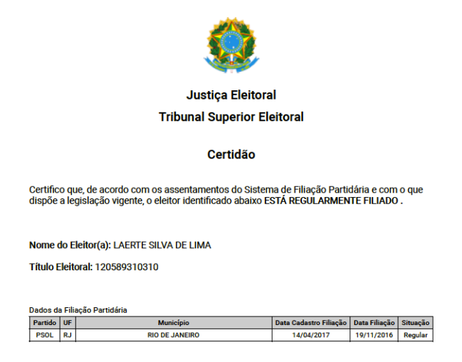 Reprodução da Certidão de Filiação Partidária de Laerte