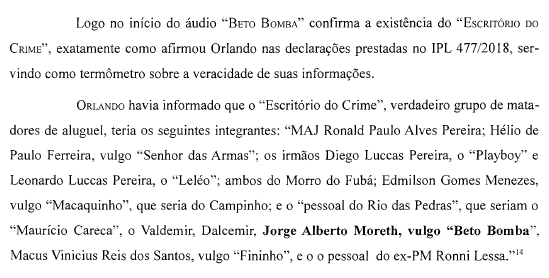 Trecho do inquérito da federalização do caso Marielle em que dois milicianos confirmam o Escritório do Crime