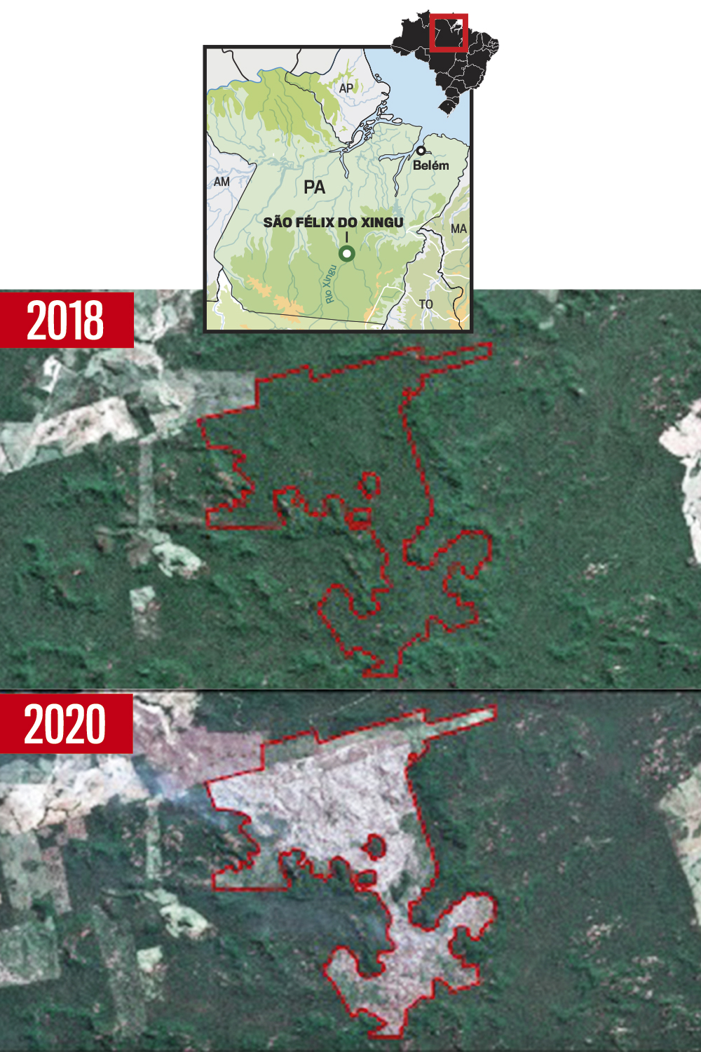 ANTES E DEPOIS - Área desmatada: satélites flagraram as queimadas ilegais -