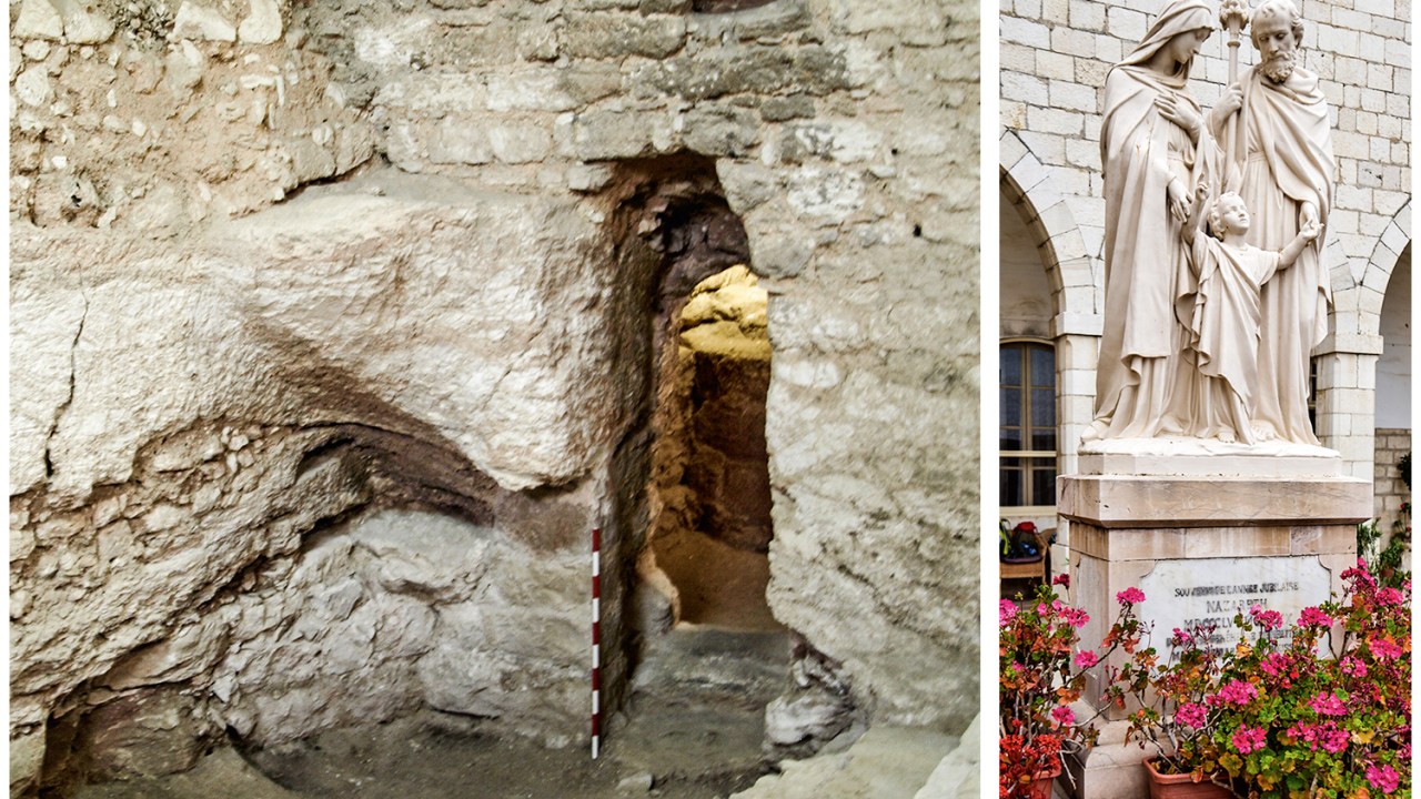 SAGRADA FAMÍLIA - Subterrâneo que teria sido a residência de Jesus (à esq.) e estátua no convento (à dir.): arqueologia e religião -
