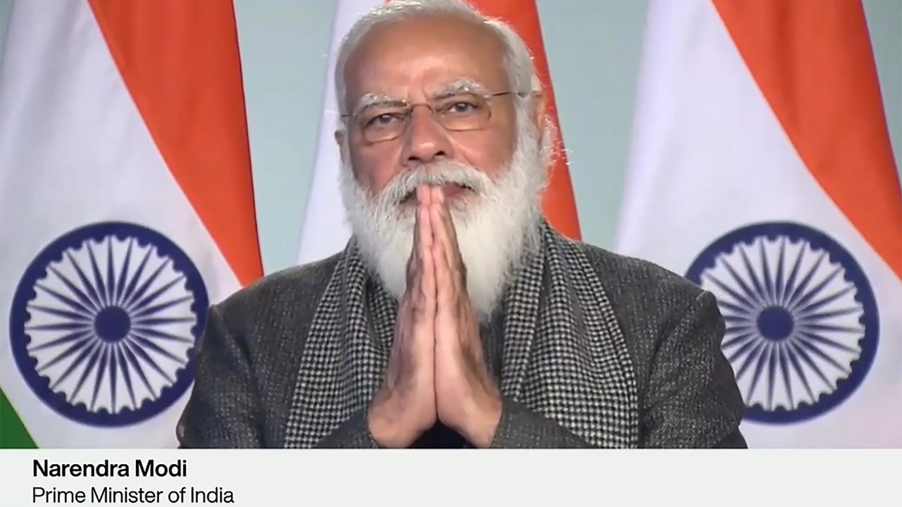 This video grab taken on January 28, 2021, from the website of the World Economic Forum shows India's Prime Minister Narendra Modi addressing an all-virtual World Economic Forum, which usually takes place in Davos, Switzerland. (Photo by Handout / World Economic Forum (WEF) / AFP) / RESTRICTED TO EDITORIAL USE - MANDATORY CREDIT "AFP PHOTO / WORLD ECONOMIC FORUM" - NO MARKETING - NO ADVERTISING CAMPAIGNS - DISTRIBUTED AS A SERVICE TO CLIENTS