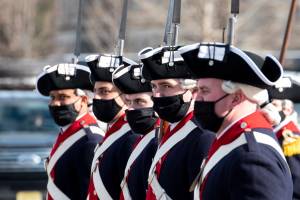 WASHINGTON, DC - JANUARY 18: Men dressed in period military uniforms participate in the dress rehearsal for the inauguration of President-elect Joe Biden at the U.S. Capitol on January 18, 2021 in Washington, DC. The inauguration will take place on January 20. Rod Lamkey-Pool/Getty Images/AFP