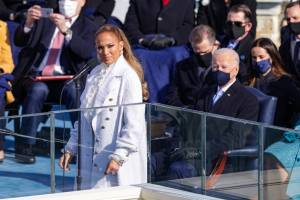 WASHINGTON, DC - JANUARY 20: Jennifer Lopez looks on during the inauguration of U.S. President-elect Joe Biden on the West Front of the U.S. Capitol on January 20, 2021 in Washington, DC. During today's inauguration ceremony Joe Biden becomes the 46th president of the United States. Alex Wong/Getty Images/AFP