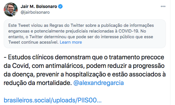 Mensagem do presidente violou regras da plataforma