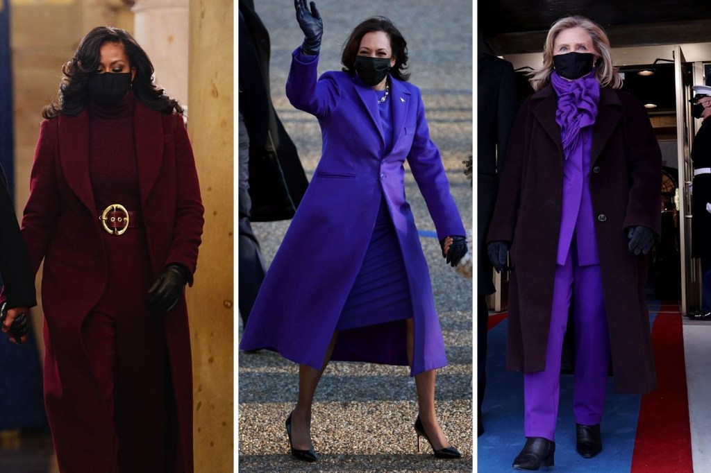 Posse de Joe Biden: a ex-primeira-dama Michelle Obama, a vice-presidente Kamala Harris e a ex-candidata democrata Hillary Clinton usaram tons de roxo