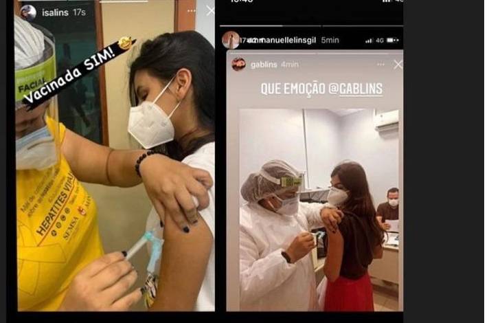Médicas Print dos stories que gerou polêmica após postagem nas redes sociais. Na imagem tem a publicação das duas médicas recém-formadas tomando a vacina contra o COVID -19.